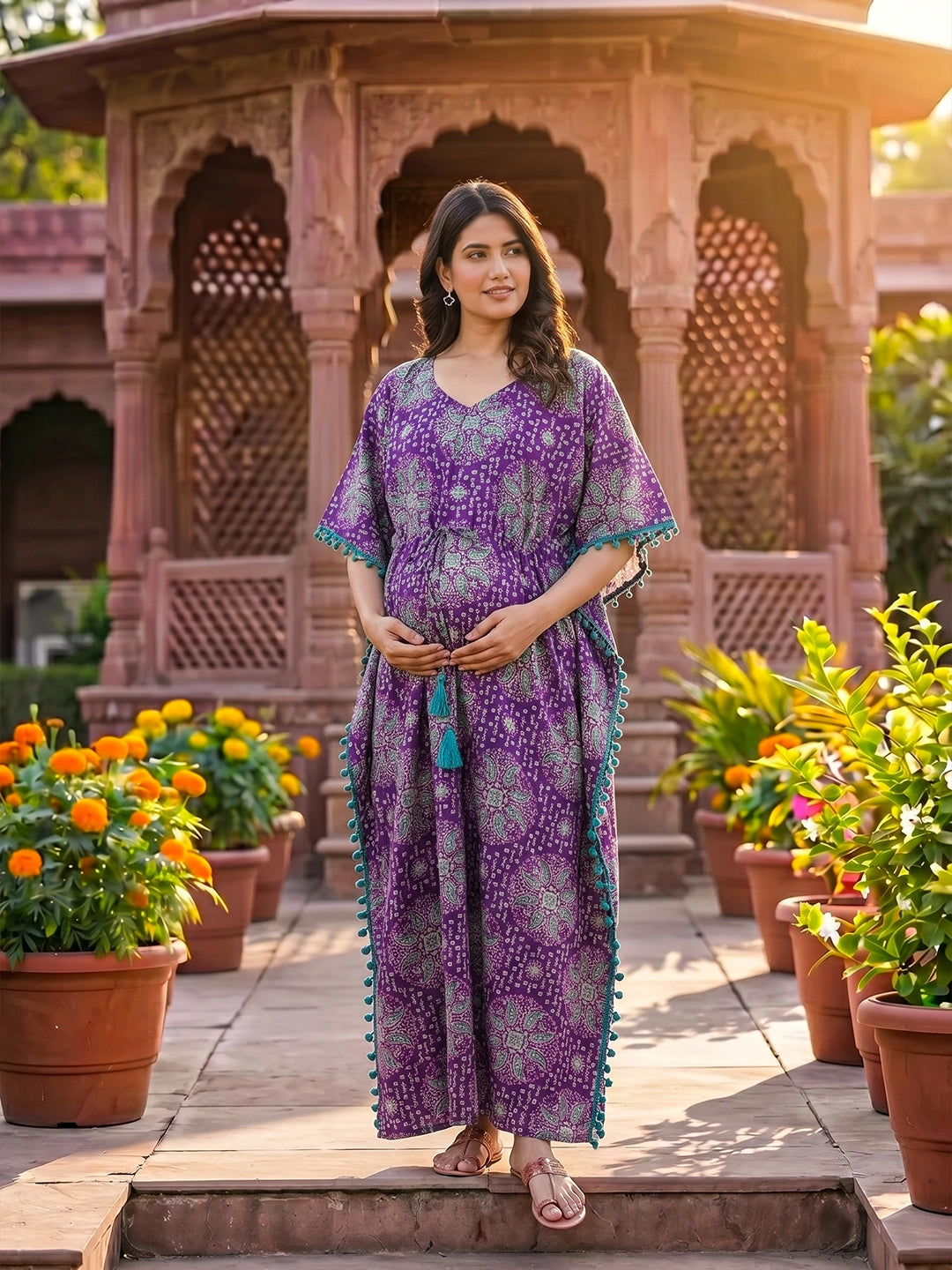 purple-green-ethnic-print-cotton maternity-feeding-friendly-kaftan-dress