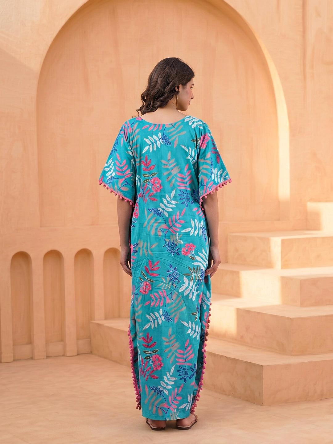 turquoise-multi-tropical-print-cotton-maternity-feeding-friendly-kaftan-dress
