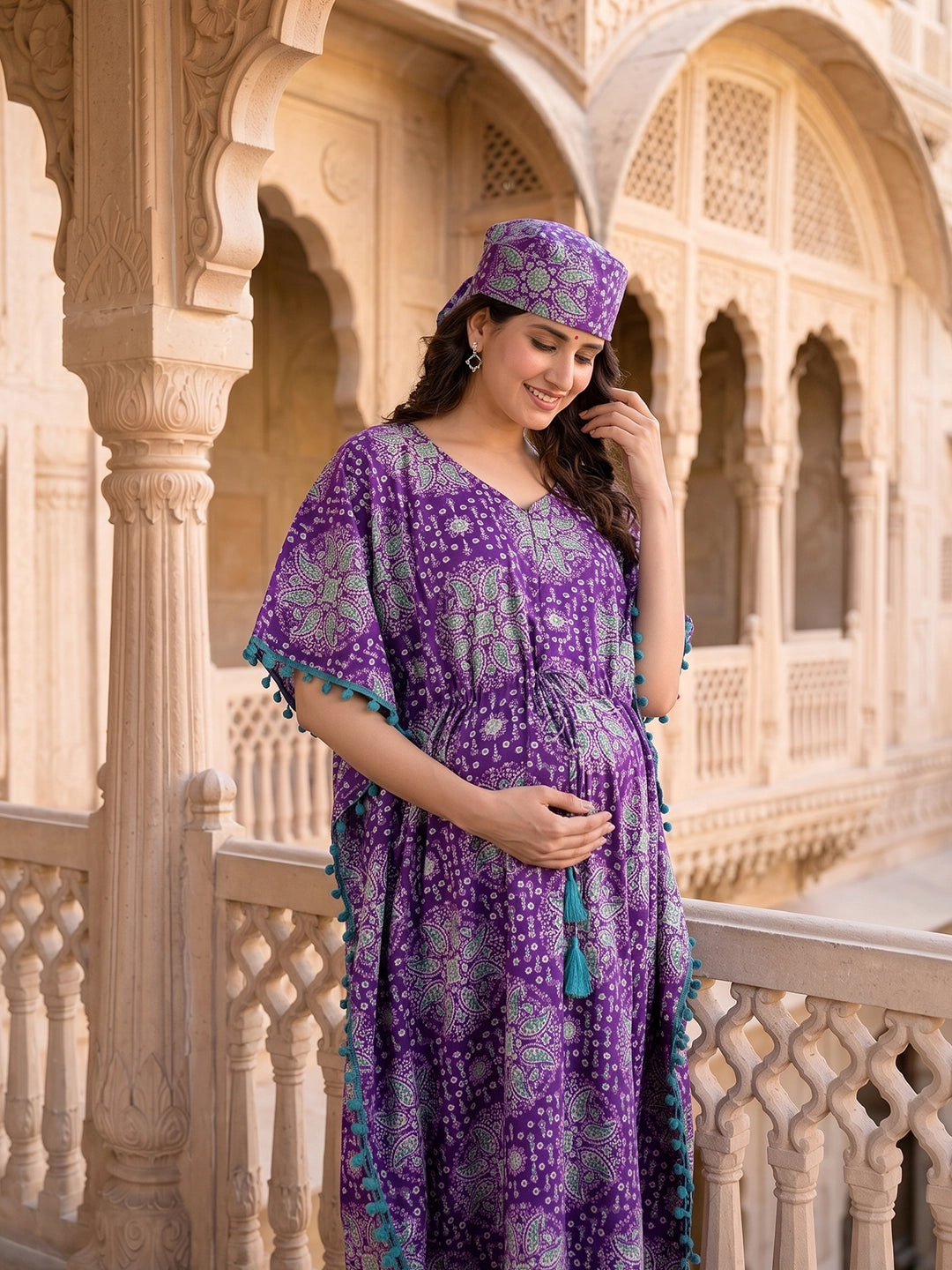 purple-green-ethnic-print-cotton maternity-feeding-friendly-kaftan-dress