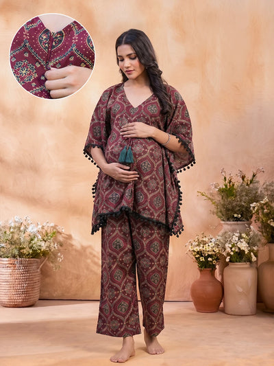 Maroon Grey Ethnic Printed Maternity Feeding Kaftan Night Suit