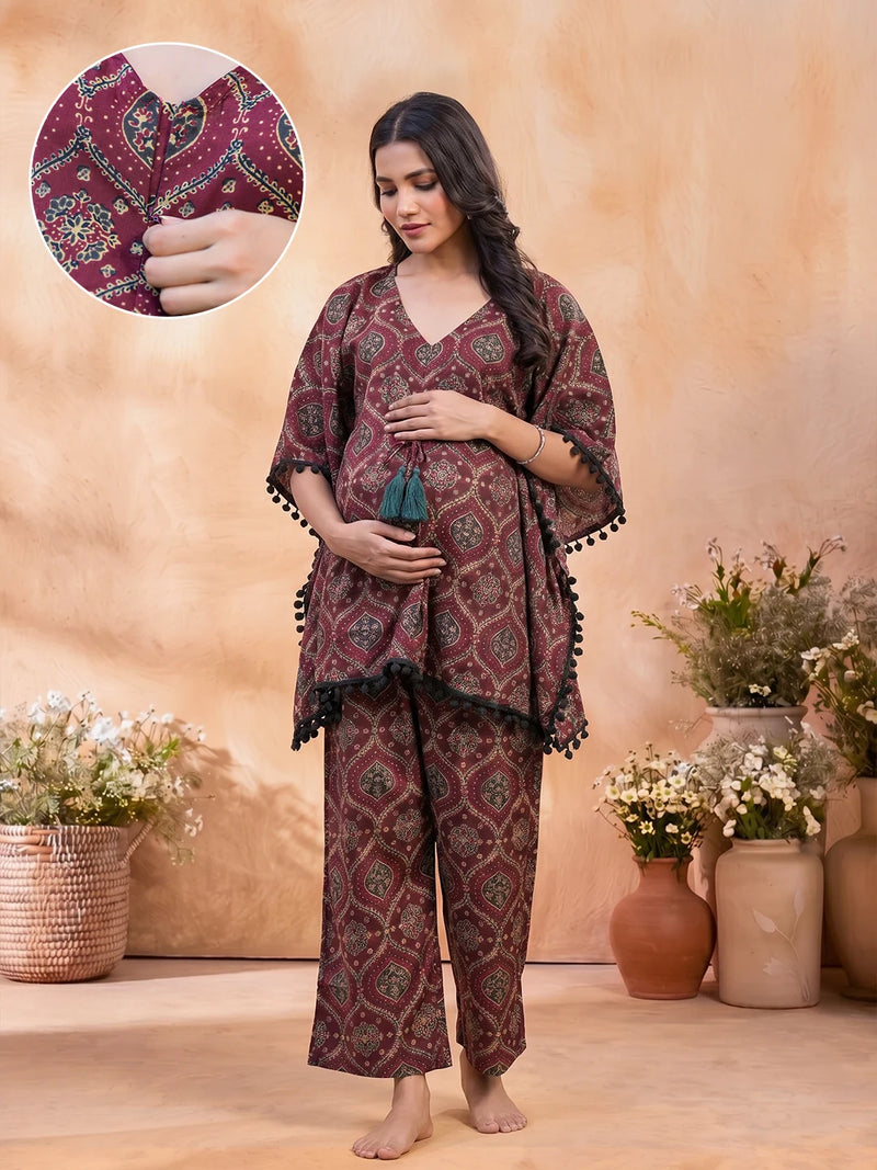 Maroon Grey Ethnic Printed Maternity Feeding Kaftan Night Suit
