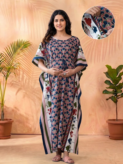 Indigo Multi Ethnic Motifs Printed Maternity & Feeding Kaftan Dress
