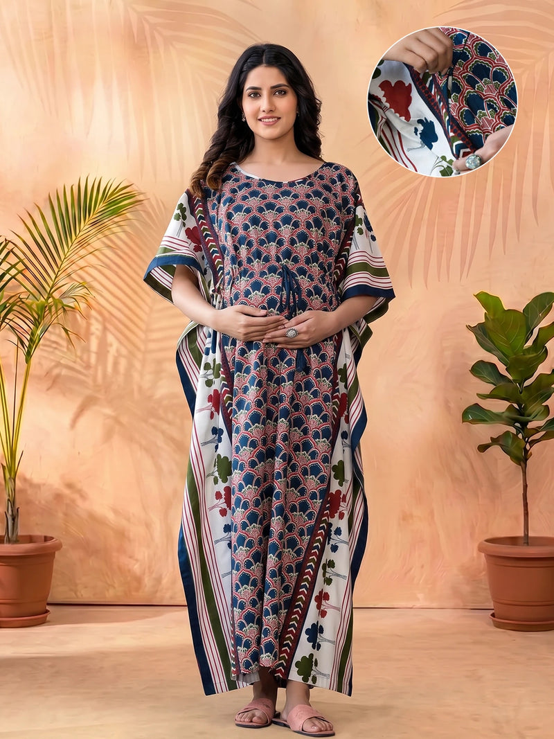 Indigo Multi Ethnic Motifs Print Maternity & Feeding Kaftan Dress with Concealed Zipper