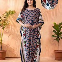 Indigo Multi Ethnic Motifs Print Maternity & Feeding Kaftan Dress with Concealed Zipper