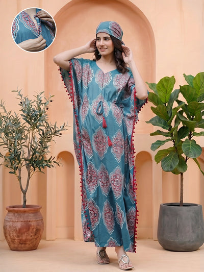 Teal Blue Ethnic Printed Maternity & Feeding Kaftan Dress