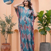 Teal Blue Ethnic Printed Maternity & Feeding Kaftan Dress with Concealed Zipper
