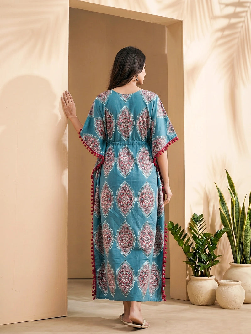 Teal Blue Ethnic Printed Maternity & Feeding Kaftan Dress with Concealed Zipper