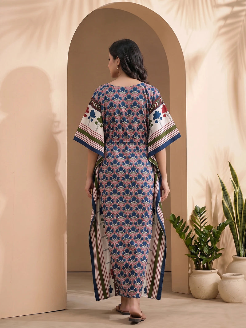 Indigo Multi Ethnic Motifs Print Maternity & Feeding Kaftan Dress with Concealed Zipper