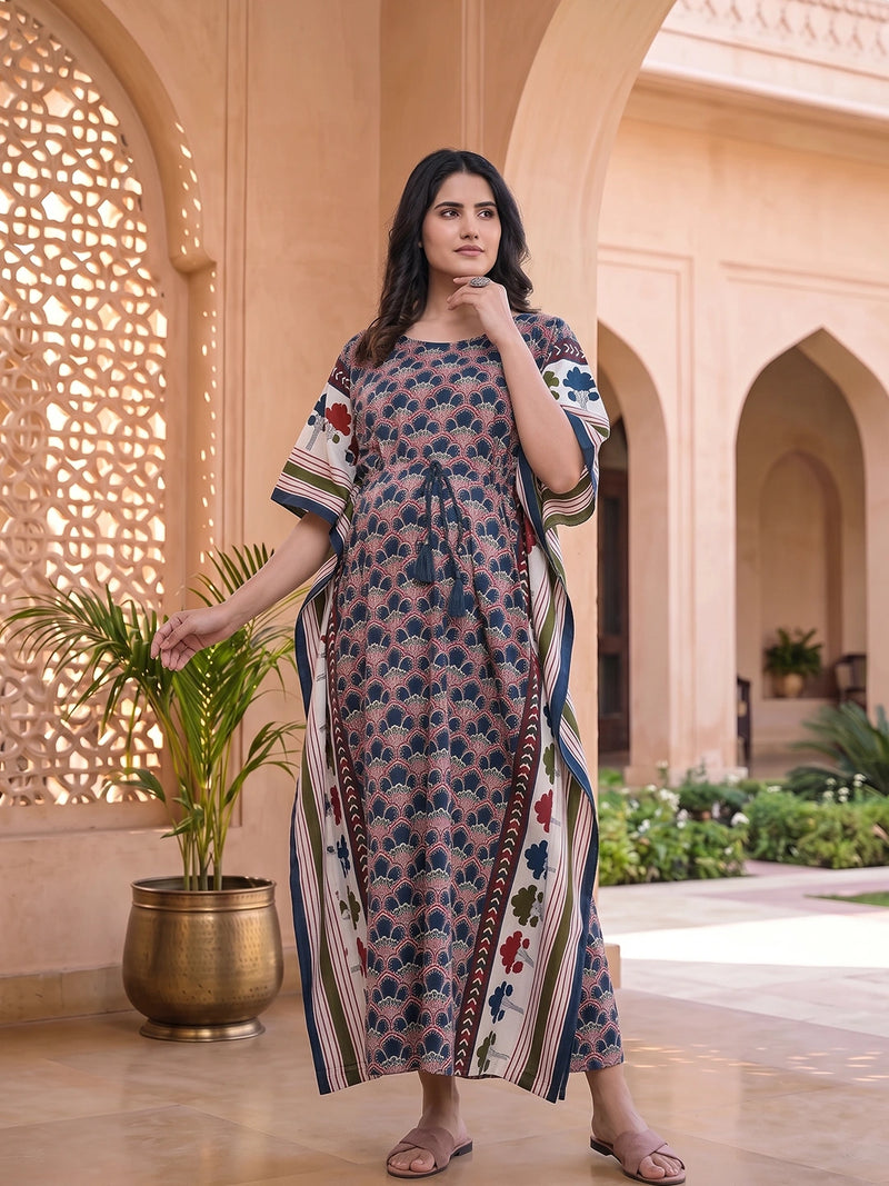 Indigo Multi Ethnic Motifs Print Maternity & Feeding Kaftan Dress with Concealed Zipper