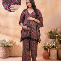 Maroon Grey Ethnic Printed Maternity Feeding Kaftan Night Suit