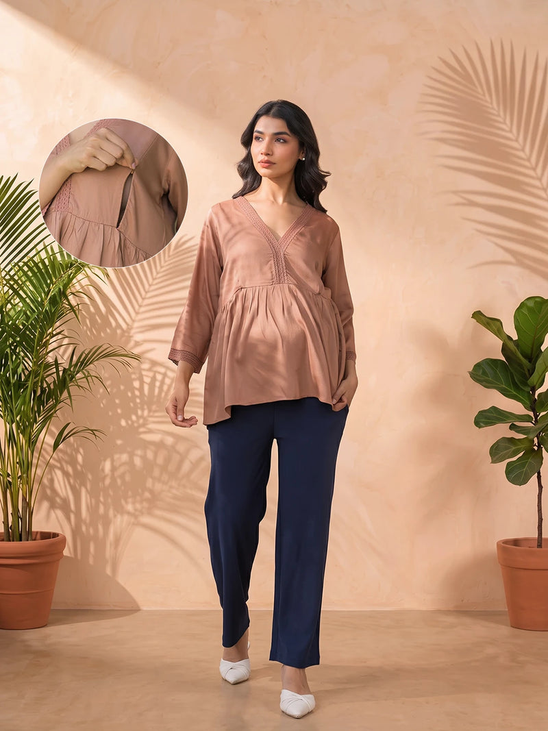 Taupe Lace Neck Maternity & Feeding Top with Concealed Zipper
