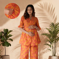 Rust Fuchsia Printed Cotton Maternity Feeding-Friendly Night Suit