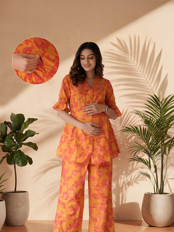 Rust Fuchsia Printed Cotton Maternity Feeding-Friendly Night Suit