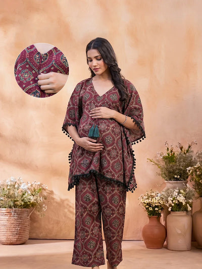 Maroon Grey Ethnic Printed Maternity Feeding Kaftan Night Suit