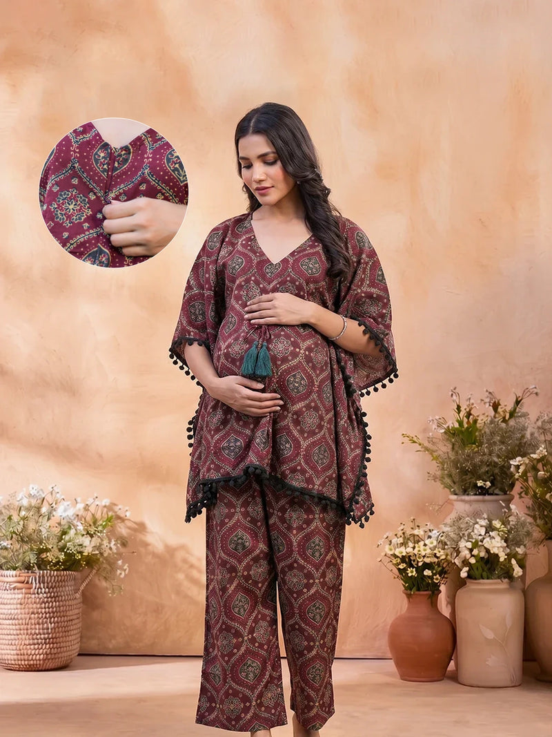 Maroon Grey Ethnic Printed Maternity Feeding Kaftan Night Suit