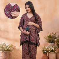 Maroon Grey Ethnic Printed Maternity Feeding Kaftan Night Suit