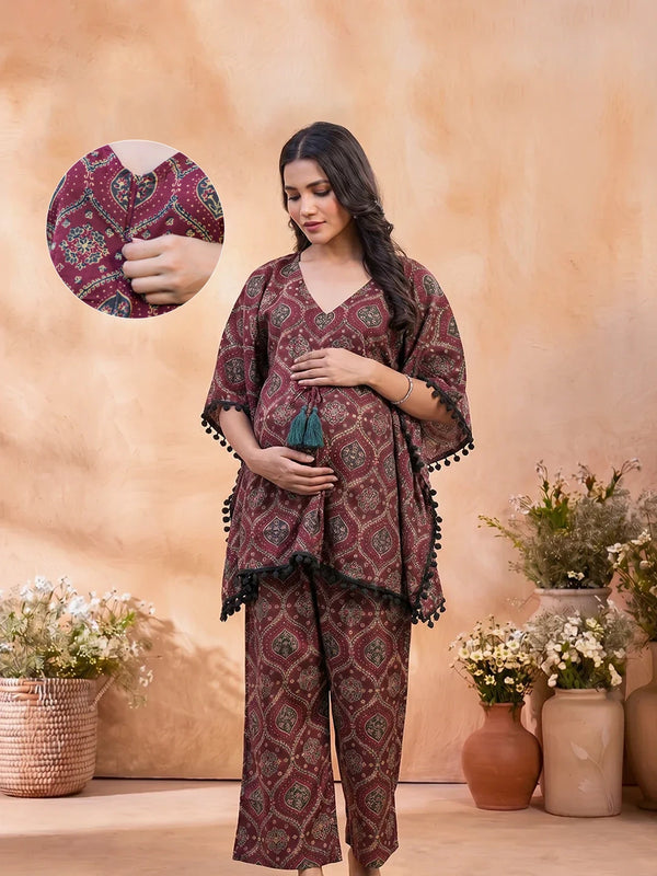Maroon Grey Ethnic Printed Maternity Feeding Kaftan Night Suit