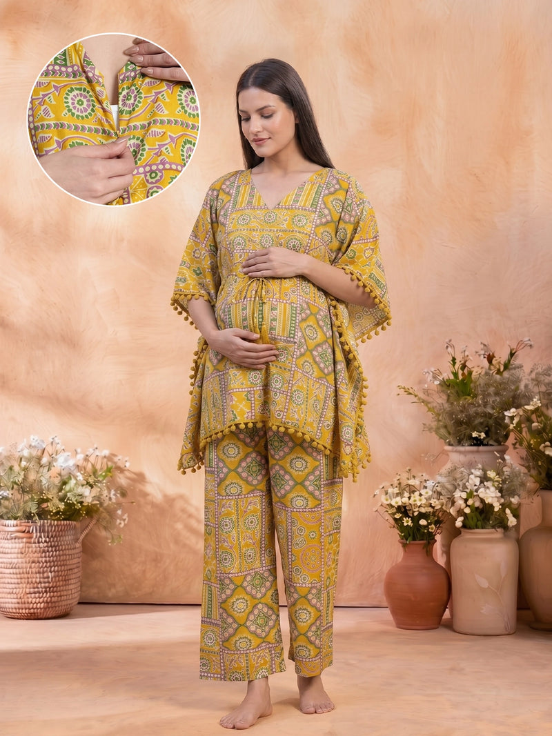 Mustard Geometric Print Maternity Feeding Kaftan Night Suit