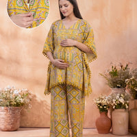 Mustard Geometric Print Maternity Feeding Kaftan Night Suit