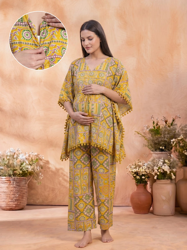 Mustard Geometric Print Maternity Feeding Kaftan Night Suit