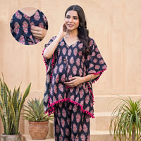 Black Fuchsia Ethnic Printed Maternity & Feeding Night Suit with Concealed Zipper