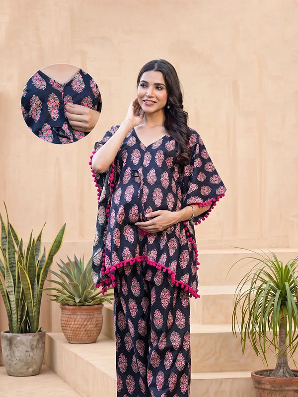 Black Fuchsia Ethnic Printed Maternity & Feeding Night Suit with Concealed Zipper
