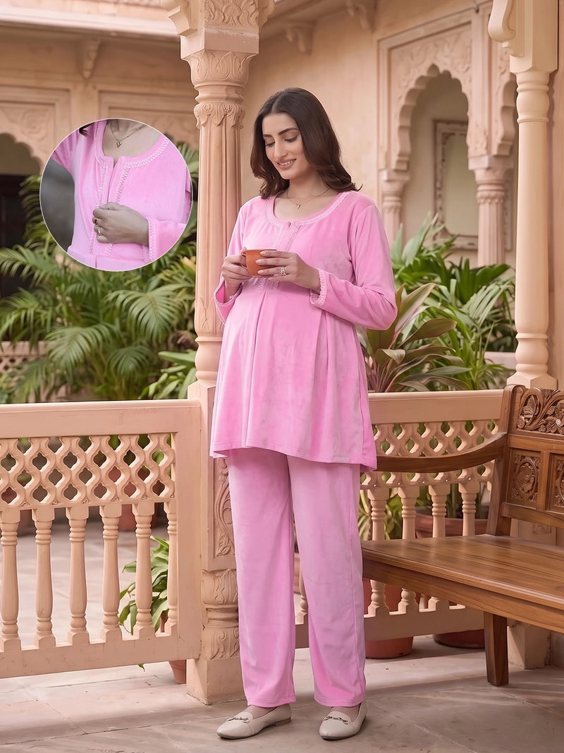 Pink Velvet Maternity Feeding Night Suit