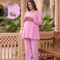 Pink Velvet Maternity Feeding Night Suit