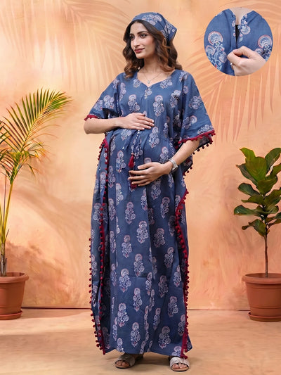 Indigo Ethnic Printed Maternity & Feeding Kaftan Dress