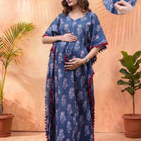 Indigo Ethnic Printed Maternity & Feeding Kaftan Dress with Concealed Zipper