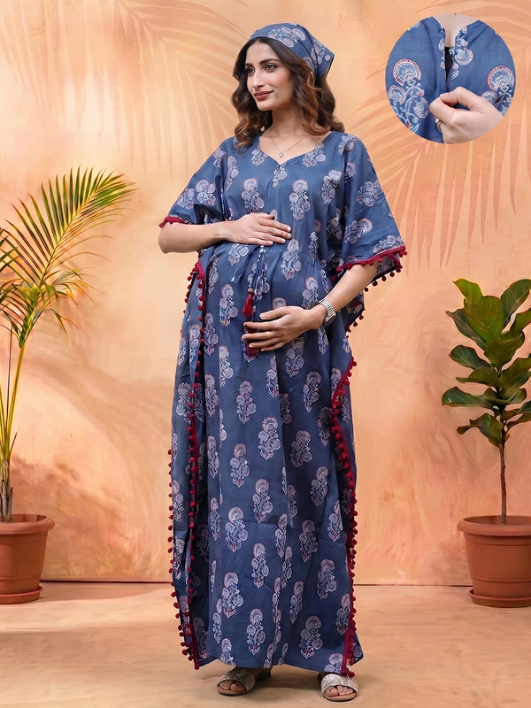 Indigo Ethnic Printed Maternity & Feeding Kaftan Dress