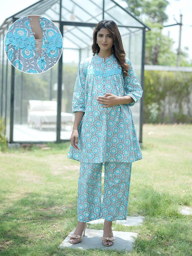 Grey Blue Floral Printed Maternity & Feeding Friendly Cotton Co-ord Set