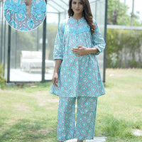 Grey Blue Floral Printed Maternity & Feeding Friendly Cotton Co-ord Set