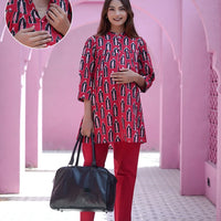 Red Ethnic Printed Maternity & Feeding Friendly Cotton Co-ord Set