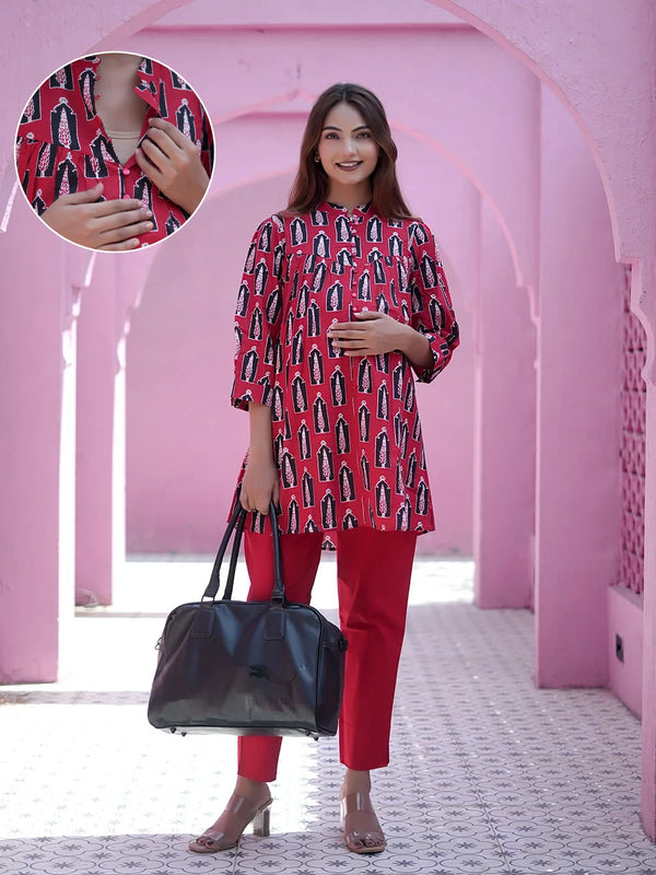 Red Ethnic Printed Maternity & Feeding Friendly Cotton Co-ord Set