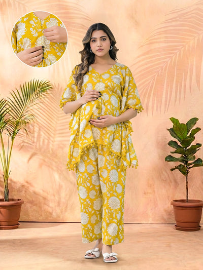 Mustard Floral Printed Maternity Feeding Kaftan Night Suit