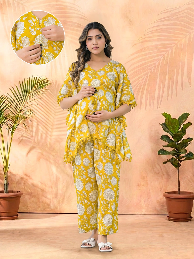 Mustard Floral Printed Maternity Feeding Kaftan Night Suit