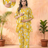 Mustard Floral Printed Maternity Feeding Kaftan Night Suit