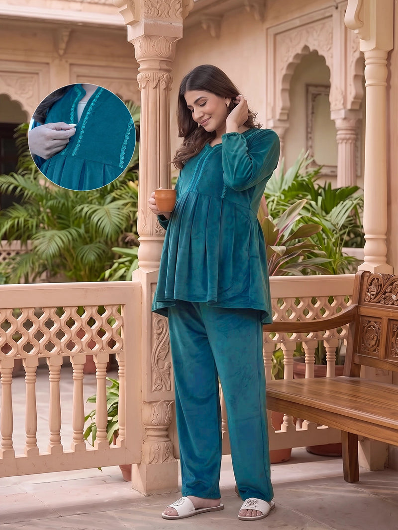 Dark Green Velvet Maternity Feeding Night Suit