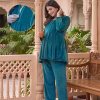 Dark Green Velvet Maternity Feeding Night Suit