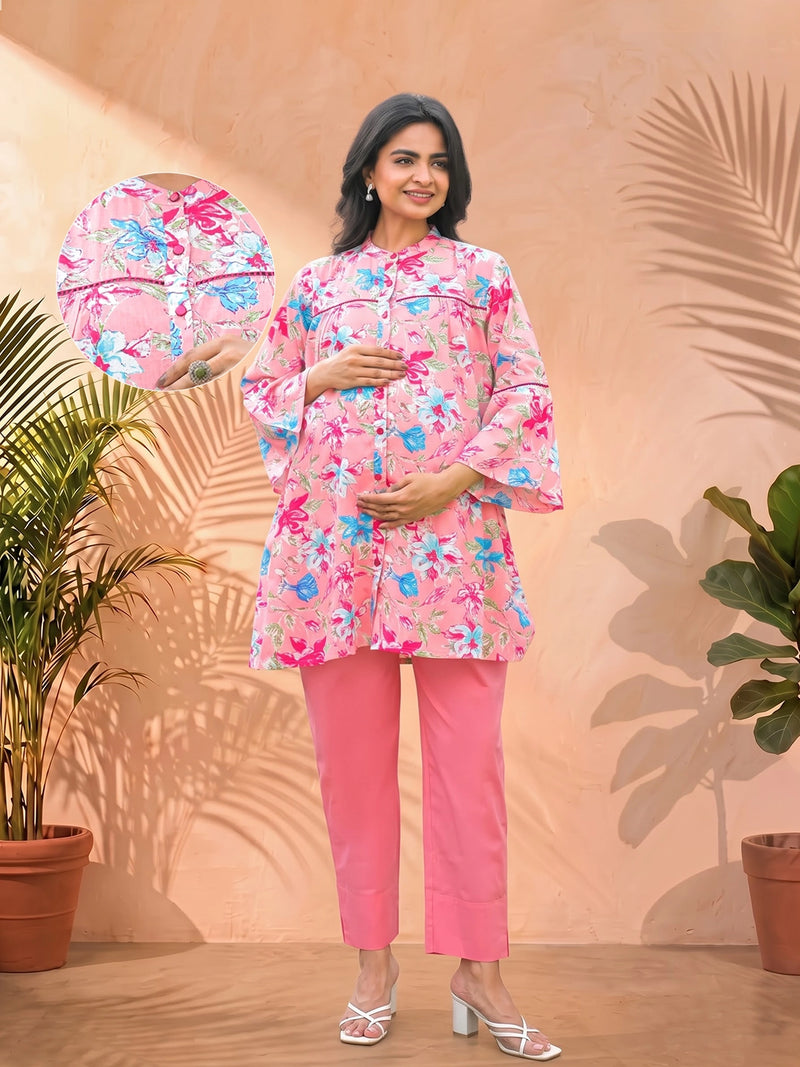 Pink Multi Floral Print Cotton Maternity Feeding-Friendly Top