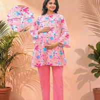 Pink Multi Floral Print Cotton Maternity Feeding-Friendly Top