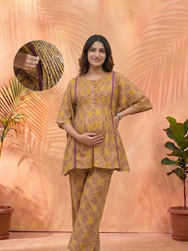 Mustard Printed Cotton Maternity Feeding-Friendly Night Suit