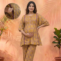 Mustard Printed Cotton Maternity Feeding-Friendly Night Suit