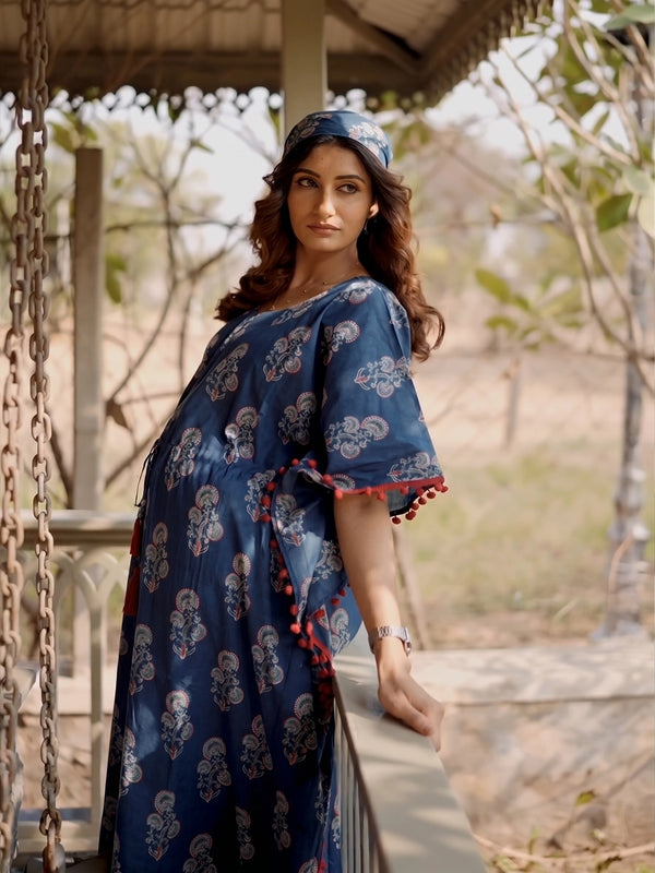 Indigo Ethnic Print Maternity & Feeding Kaftan Dress with Concealed Zipper