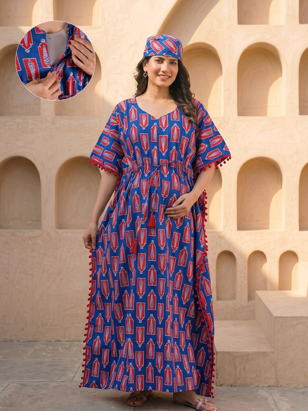 indigo-red-floral-print-cotton-maternity-feeding-friendly-kaftan-dress