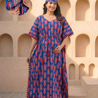Indigo Red Floral Print Cotton Maternity Feeding-Friendly Kaftan Dress