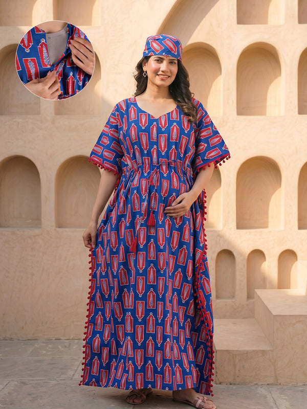 Indigo Red Floral Print Cotton Maternity Feeding-Friendly Kaftan Dress