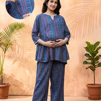 Indigo Multi Geometric Printed Cotton Maternity Feeding Night Suit