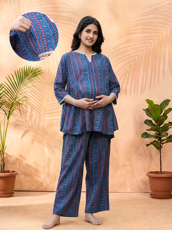 Indigo Multi Geometric Printed Cotton Maternity Feeding Night Suit